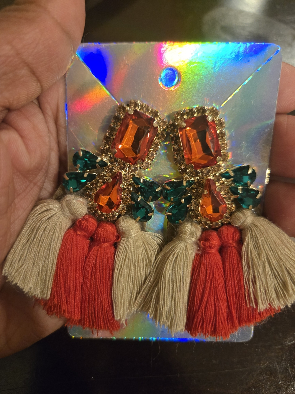 Bold Tassel Drop Earrings with Orange and Green Gemstones